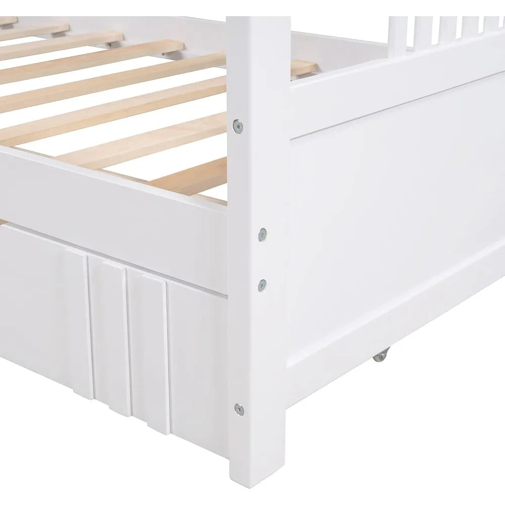 Daybed with Rails Twin Bed Wooden Slats Support Modern Living Daybed (Twin with Drawers, White)