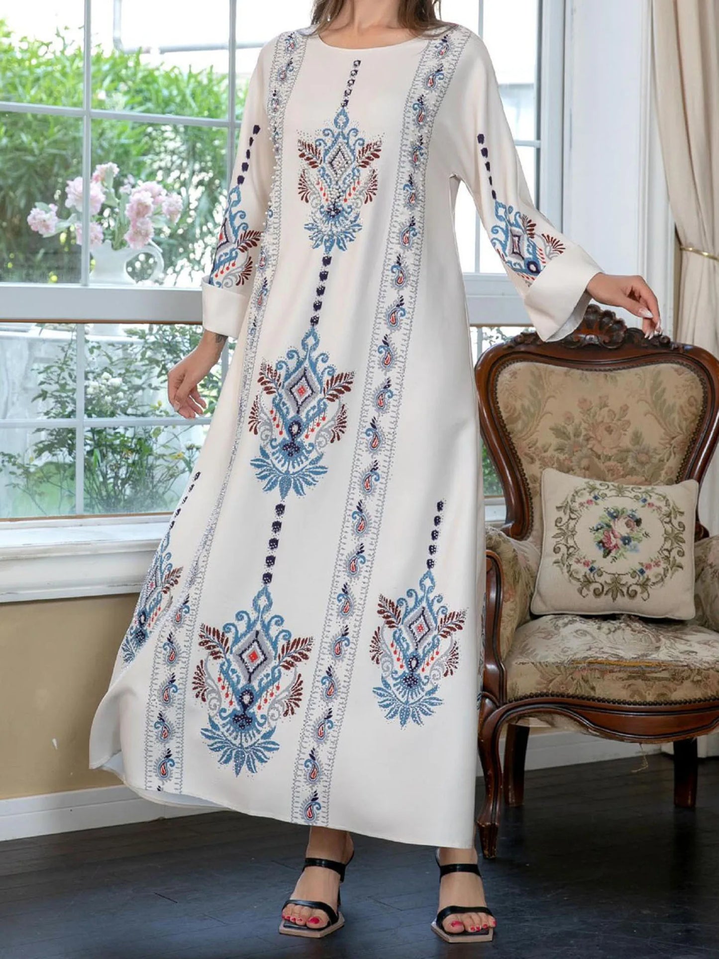 Women s Elegant Floral Print Maxi Dress Long Sleeve Round Neck Loose Fit Arab Style Kaftan Dress for Autumn