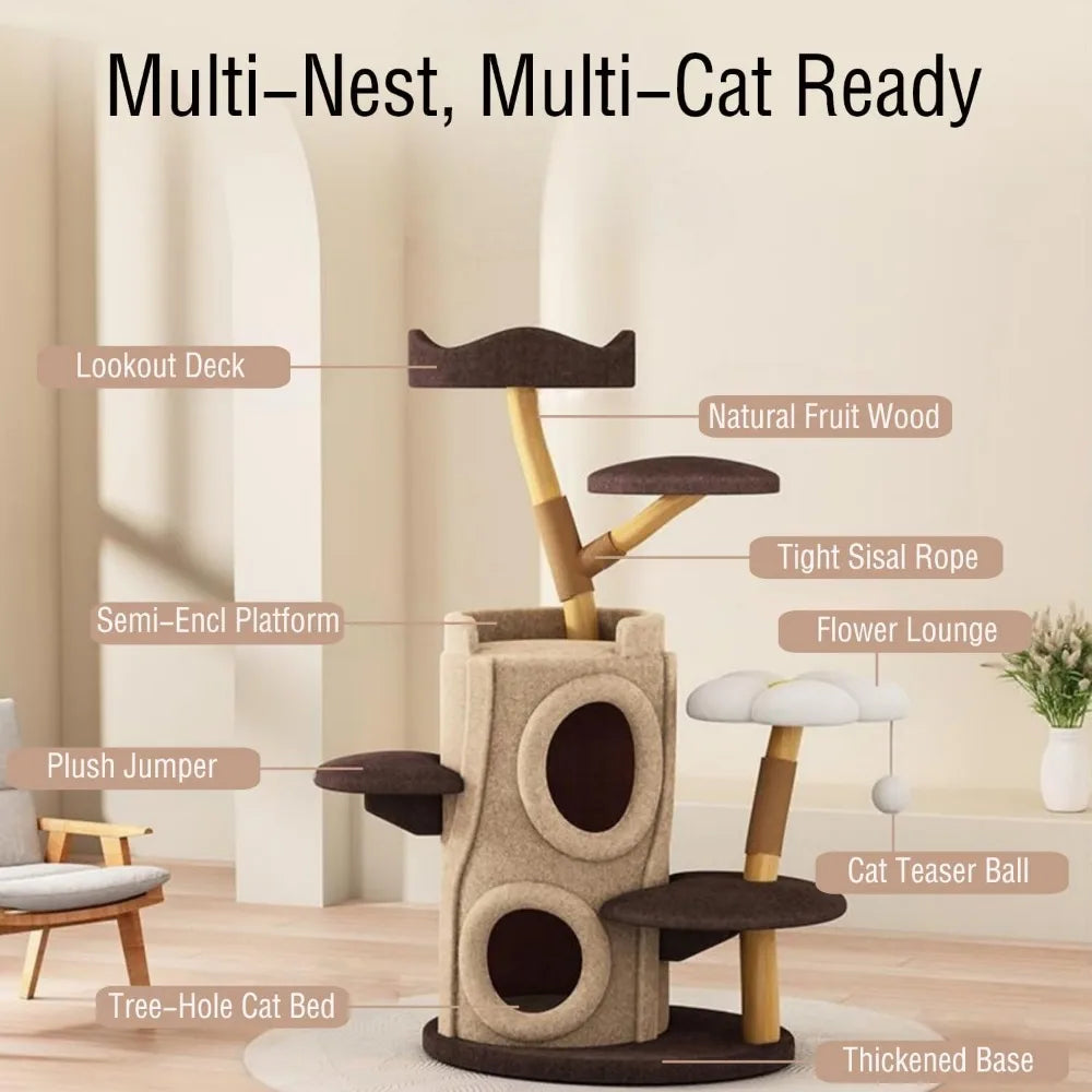 All-Season Multi-Level Solid Wood Cat Climbing Tree with Space Capsule Condo - Space-Saving Home Natural Trunk Design