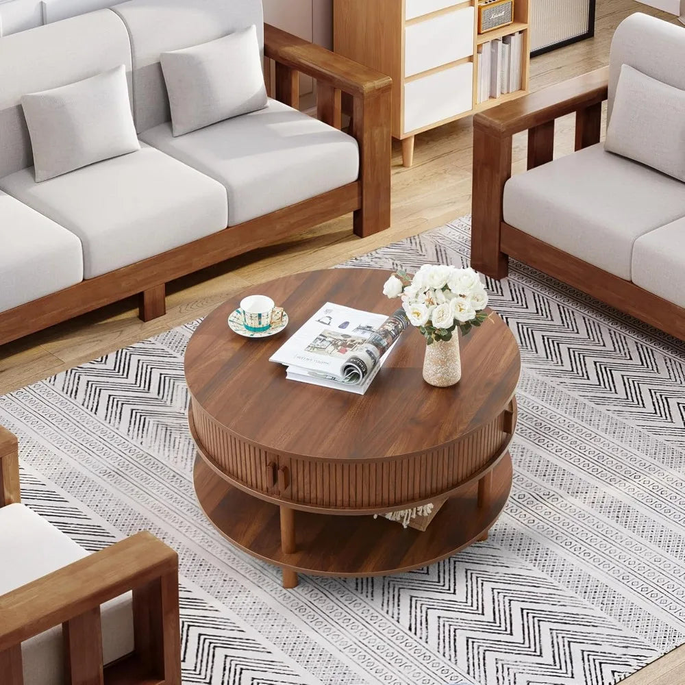 Mid-Century Modern Round Coffee Table with Storage and Sliding Door, Featuring Two Tiers and Solid Wood Legs with Fluted Design