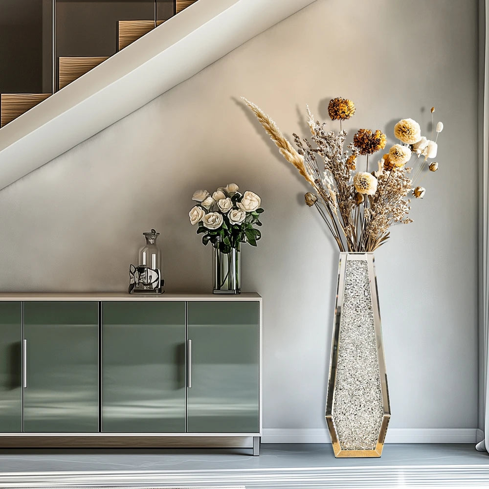 Crushed Diamond Mirrored Flower Vase Silver Floor Standing Vase Home Decor