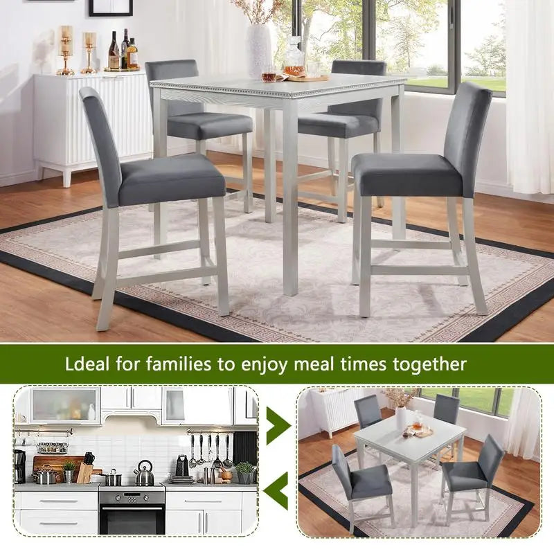 5-Piece Counter Height Dining Set, Wooden Table with Square Design and 4 Upholstered Chairs, Stylish Kitchen Furniture with
