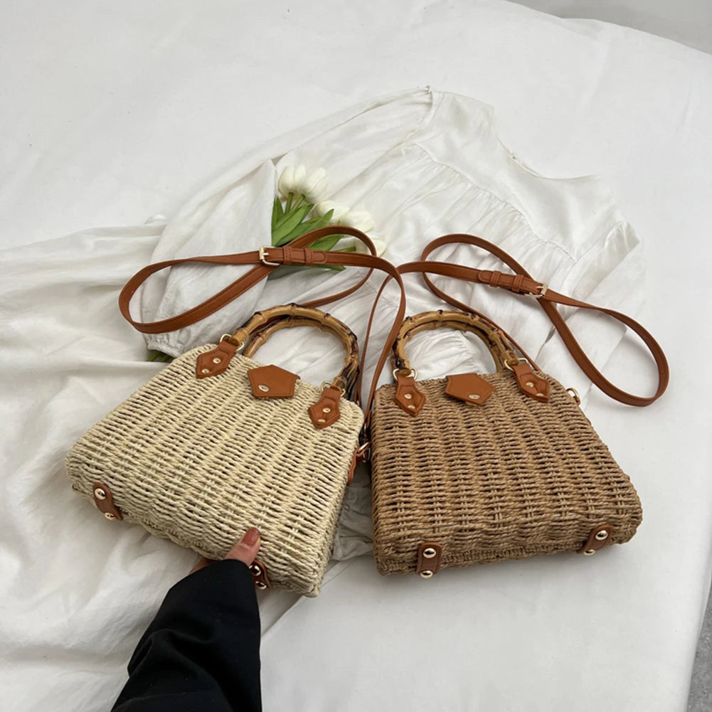 Summer Hand-Woven Handbags Bamboo Handle Woven Beach Crossbody Bag Handmade Simple Portable Adjustable Strap for Seaside Holiday