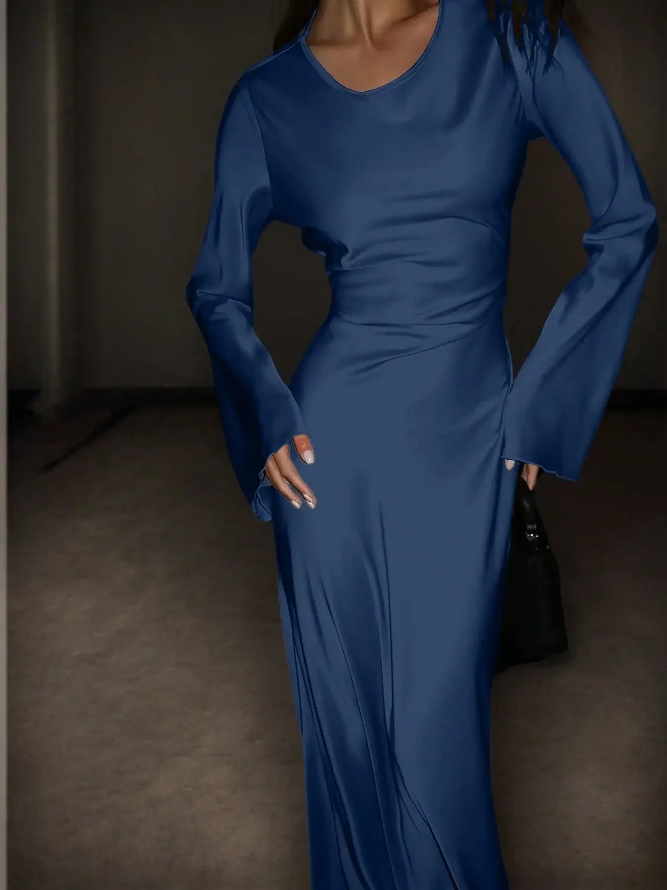 Women's Bespoke Satin Maxi Dress with Corset Waist Tie Classic Round Neck & Dramatic Flared Sleeves Luxury Evening Dress