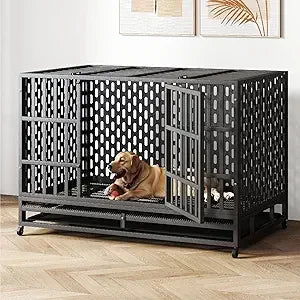 48/42 Inch Heavy Duty Indestructible Dog Crate Steel Escape Proof, Indoor Double Door High Anxiety Cage, Kennel with Wheels, Rem