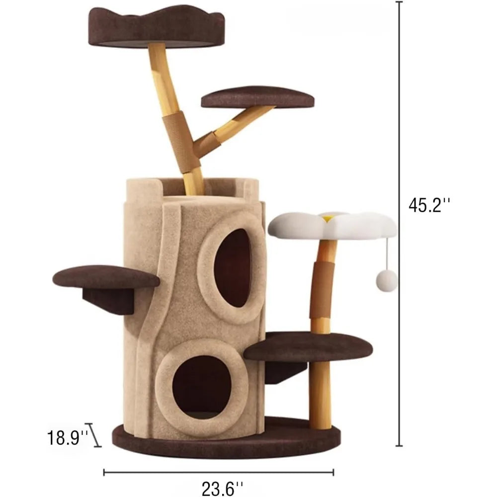 All-Season Multi-Level Solid Wood Cat Climbing Tree with Space Capsule Condo - Space-Saving Home Natural Trunk Design