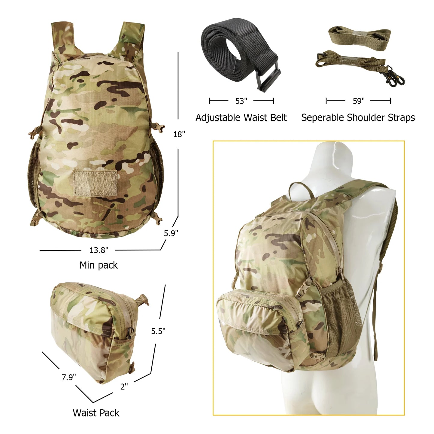 MT Military Fordable Day Pack Portable Backpack Set 30L Ultra-Light Outdoor Travel Hiking Bags with Waist Belt