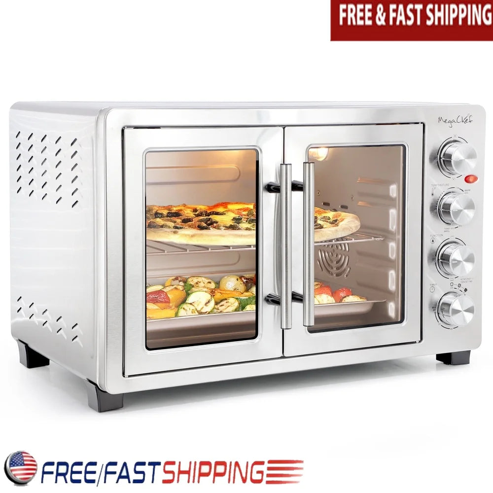 45 Quart Electric French Door Convection Oven with Rotisserie Timer Adjustable Temperature Bake Broil Toast Accessories Included
