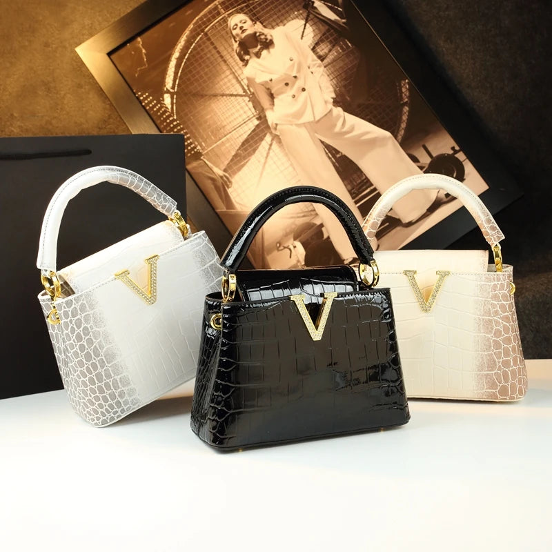 Crocodile Pattern Leather Women Handbags Diamonds V Letter Small Shoulder Messenger Bag 2025 New Portable Crossbody Shell Bags