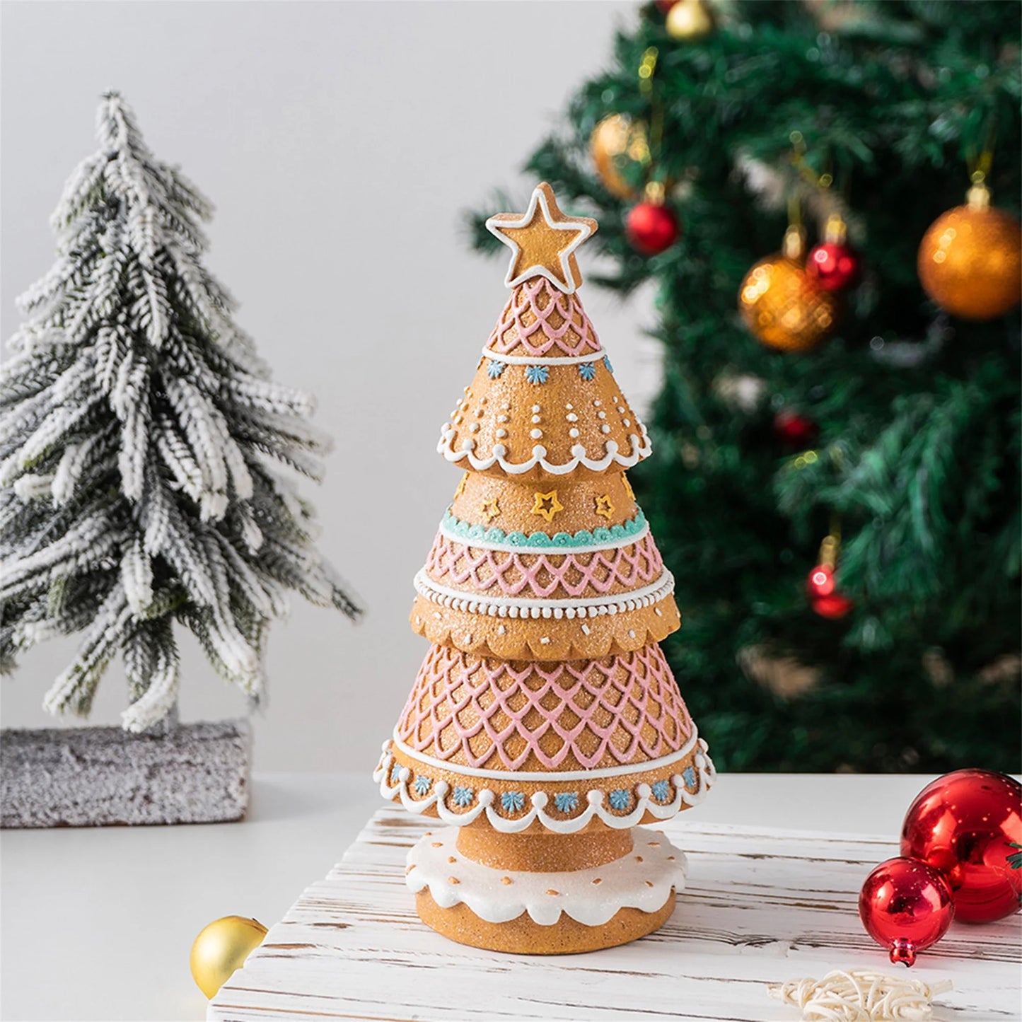 Resin Christmas Tree Figurine with Gingerbread House Design for Festive Home Decor - Small Desktop Holiday Decoration