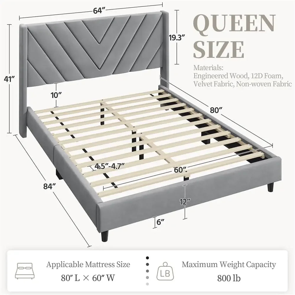 Bed with Wing Side/Wooden Slat Support/Tufted Headboard with Wing Side/Mattress Foundation,Light Gray Queen Bed