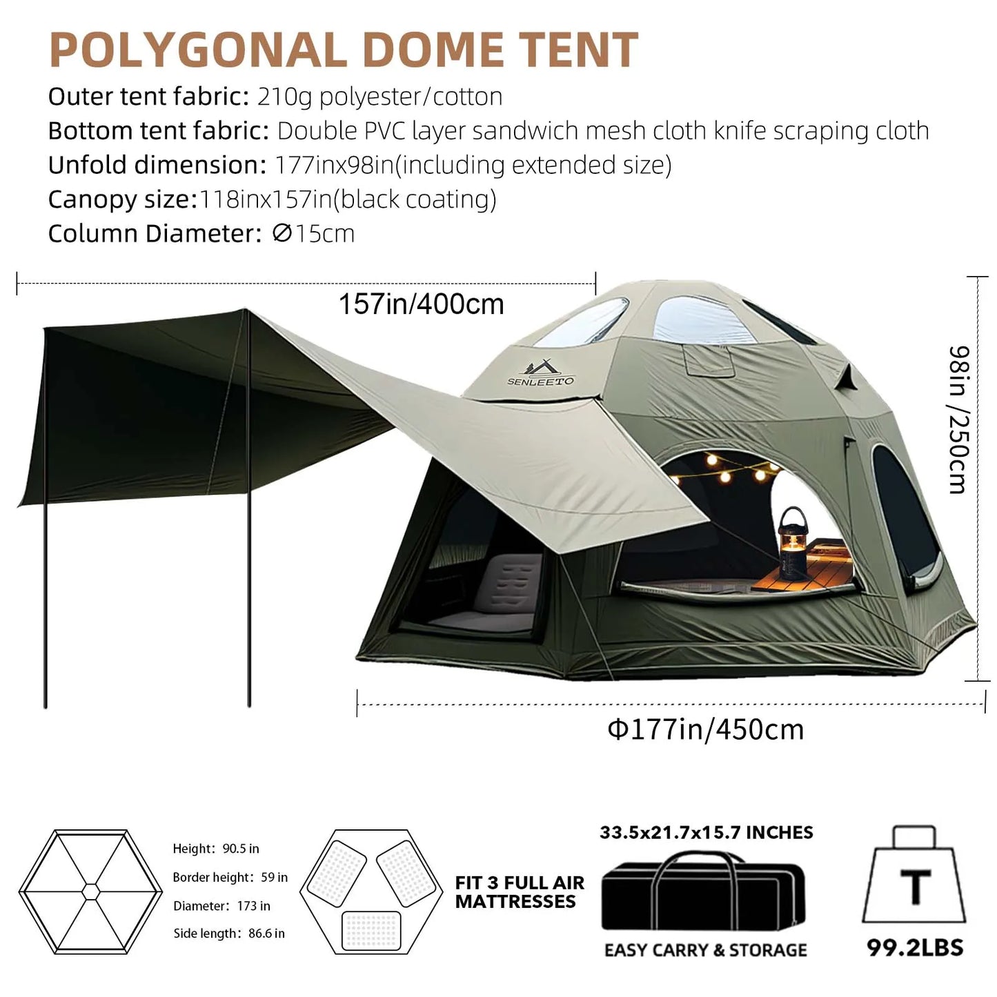 142 SqFt² Dome Inflatable Camping Tents for Family,4 Season Cotton Glamping Blow Up Tent with Canopy,Chimney Opening,AC Vent