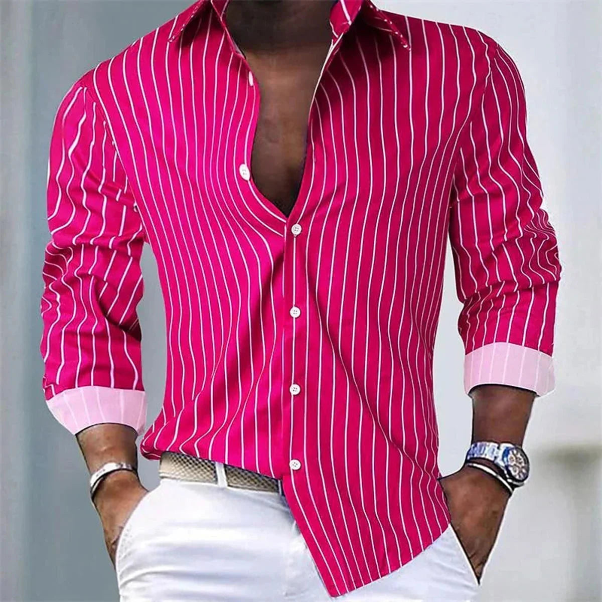 Men's Fashion Loose Striped Shirt 16 Colors Shirt Casual Breathable Lapel Button Long Sleeve Shirt Top Comfortable Soft Fabric