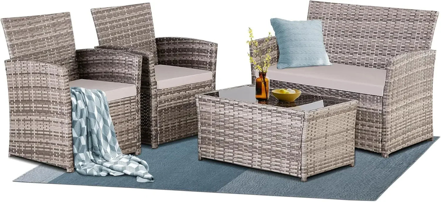 4 Piece Patio Furniture Set,Outdoor Wicker Conversation Sets,Rattan Sectional Sofa W/Coffee Table,Seat Cushions