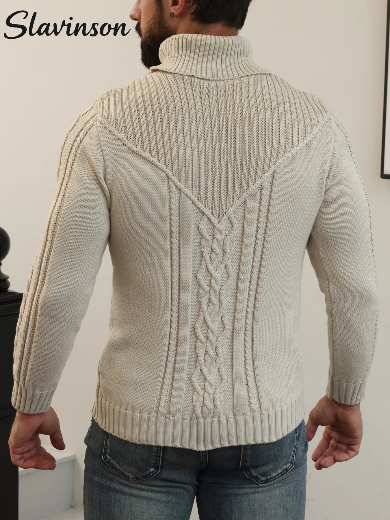 Men's Autumn Outfit: Turtleneck Sweater with Exquisite Cable Knit Patterns, Comfortable and Warm Fabric, Daily Commuting