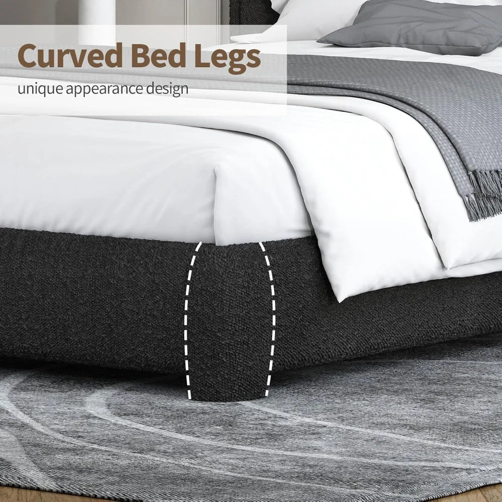 Twin Size Bed Frame, Boucle Upholstered Platform Bed with Headboard, Modern Style, Soft Rounded Corners, No Box Spring Required,