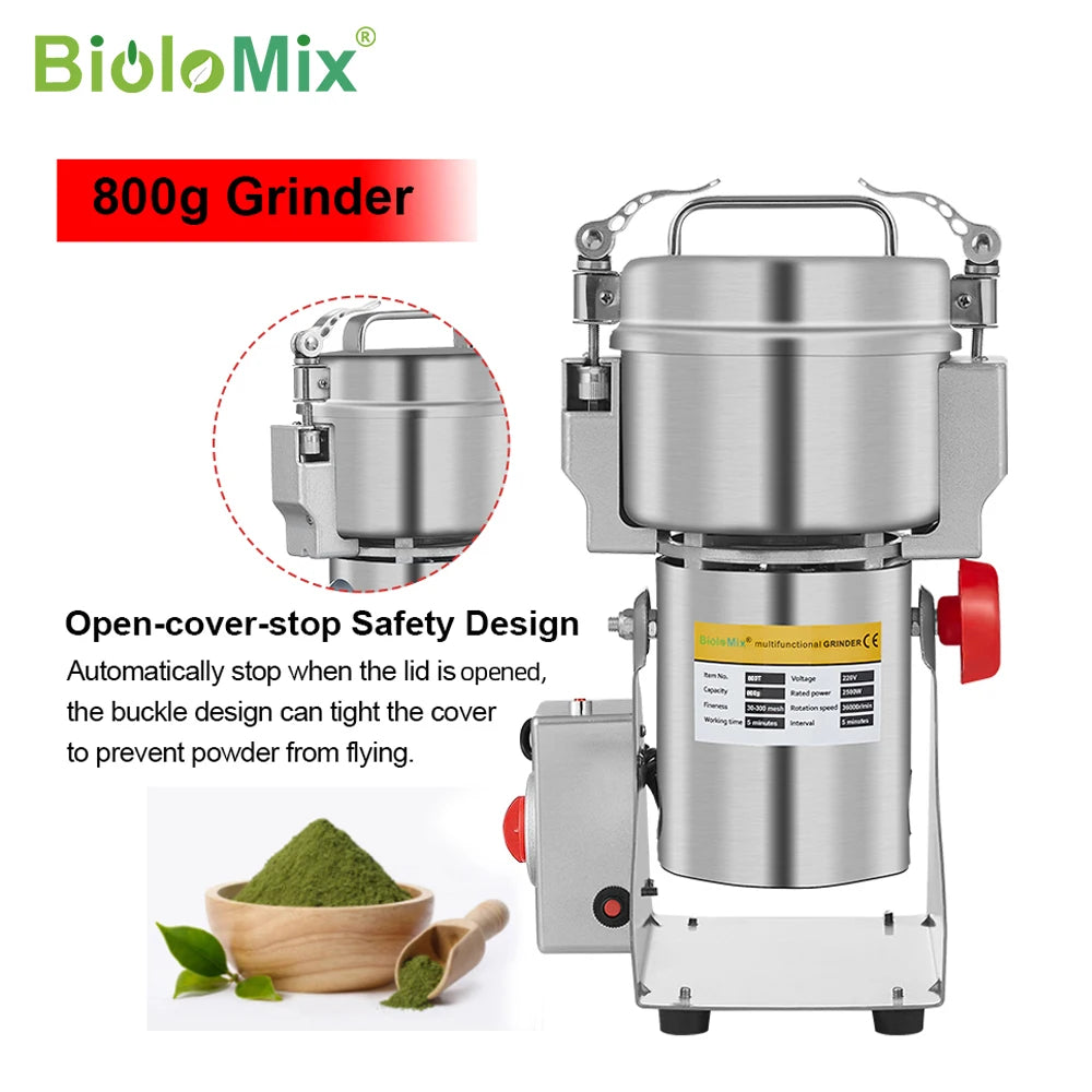 BioloMix Dry Food Grinder Mill 800g 700g - Grain Spice Herb Cereal Coffee Grinder Gristmill for Flour Powder Crushing
