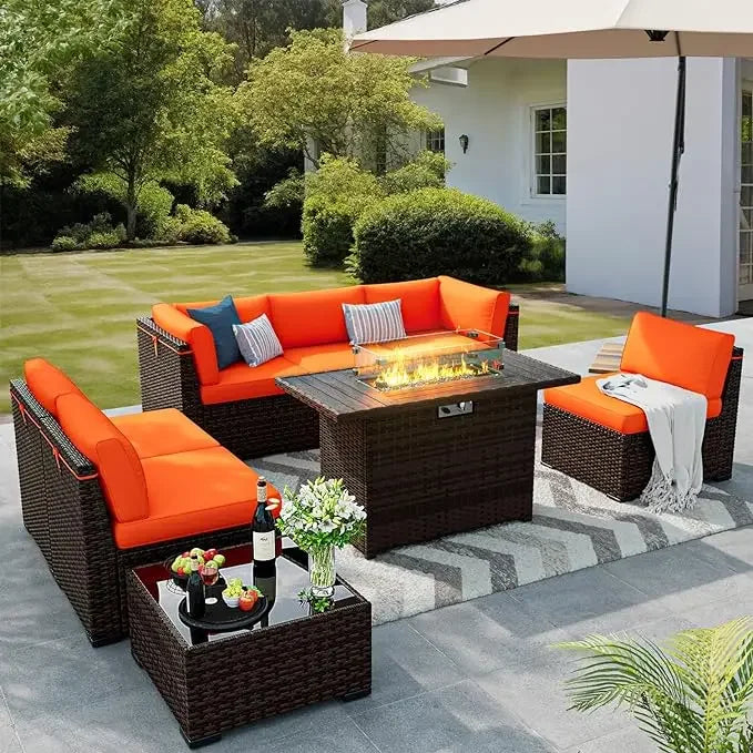 8 Pieces Outdoor Patio Furniture Set with 44" Fire Pit Table Rattan Sectional Conversation Sets w/Gas Fire Pit
