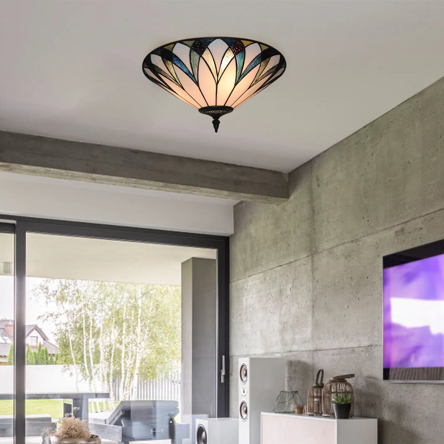 3-Lights Retro Style Ceiling Light E26 Retro Chandelier Stained Glass Lamp Fixture