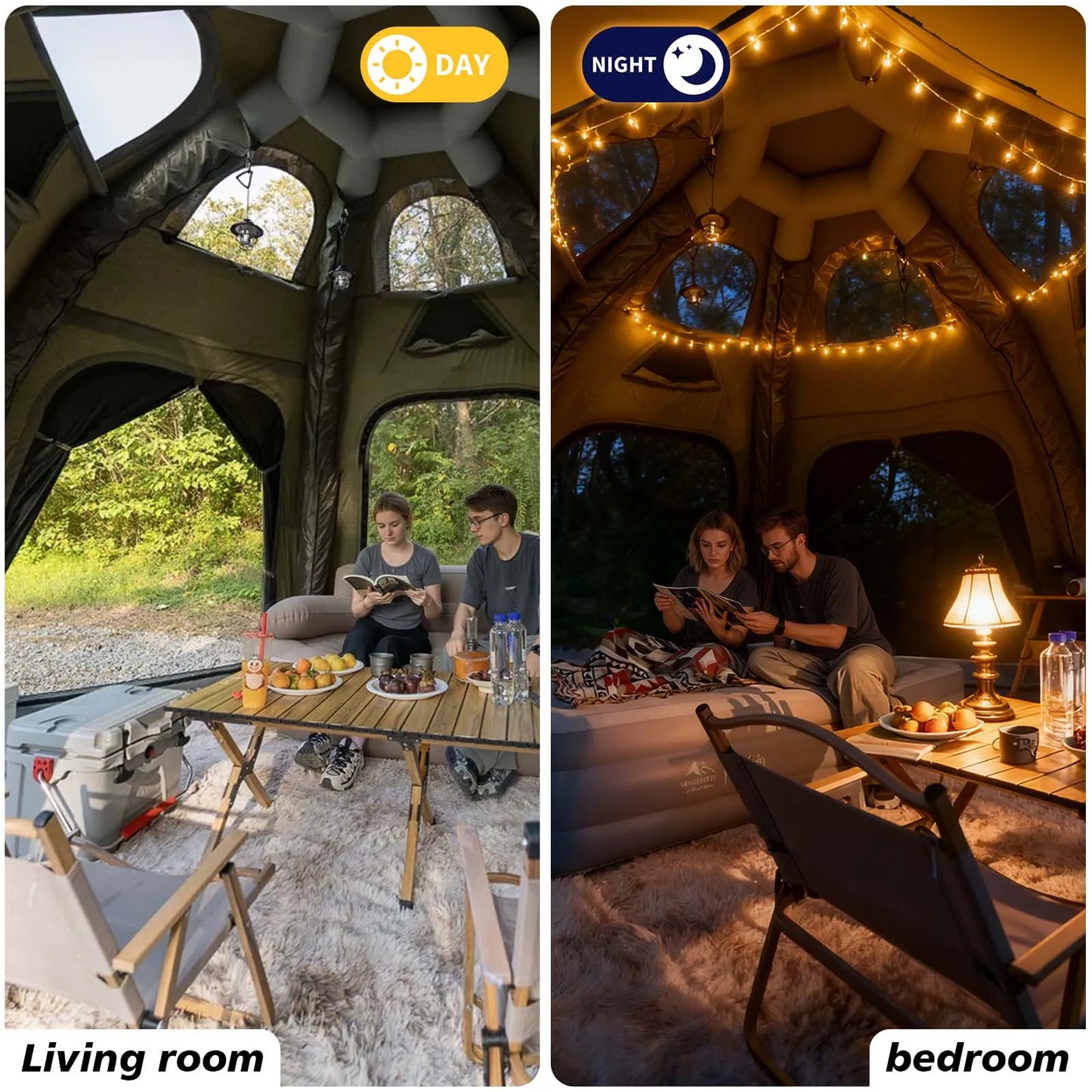 142 SqFt² Dome Inflatable Camping Tents for Family,4 Season Cotton Glamping Blow Up Tent with Canopy,Chimney Opening,AC Vent