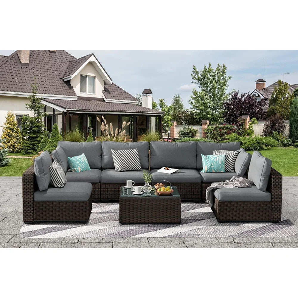 Patio Furniture Set 7 Piece Outdoor Wicker Sectional Sofa - All Weather High Backrest PE Rattan