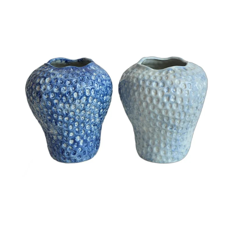 Countertop Vase Coarse Pottery Jar Handmade Retro Blue and White Strawberry Bottle Flower Hydroponic Dual-use Ceramic Ornament