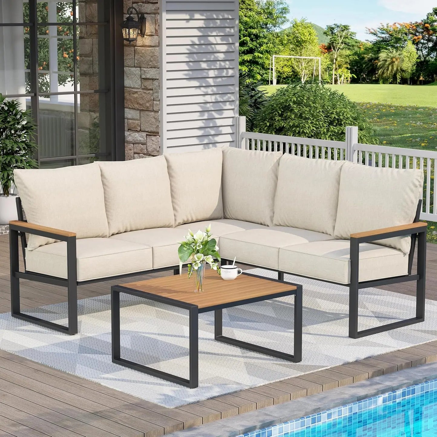 Metal Patio Furniture Set, 6 Pieces Outdoor Sectional Sofa Set with Side Table, L Shape Patio Conversation Set with Faux-Wood
