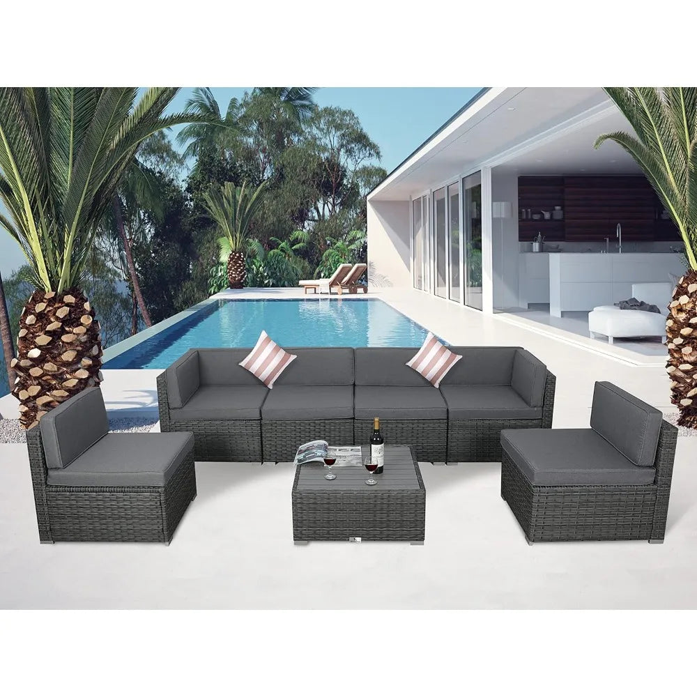 7 Piece Outdoor Patio Furniture Set with Cushions, PE Rattan Wicker Modular Patio Sofa Set with Coffee Table, and Two Pillows