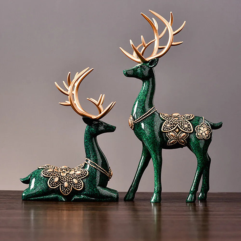 Home Tabletop Lucky Deer Statue Figurine Reindeer Decoration Sculpture Green