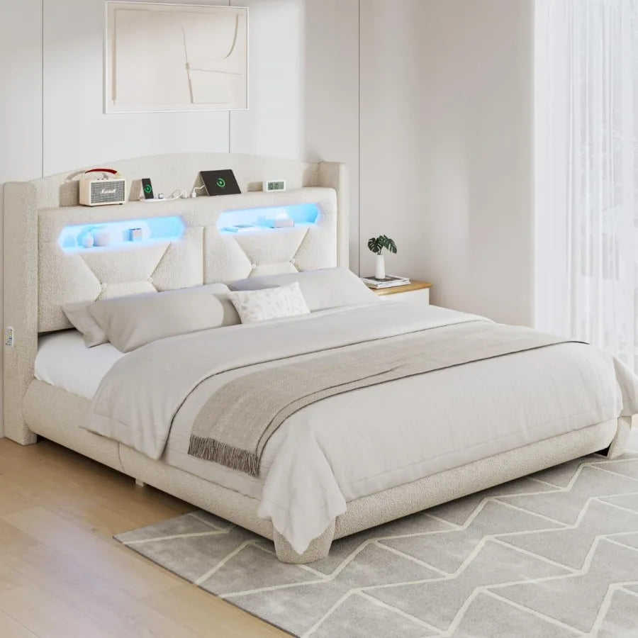 Queen Size Bed Frame with Headboard Boucle Upholstered Platform Bed Frames with Storage Charging Station LED Lights Soft Thicke