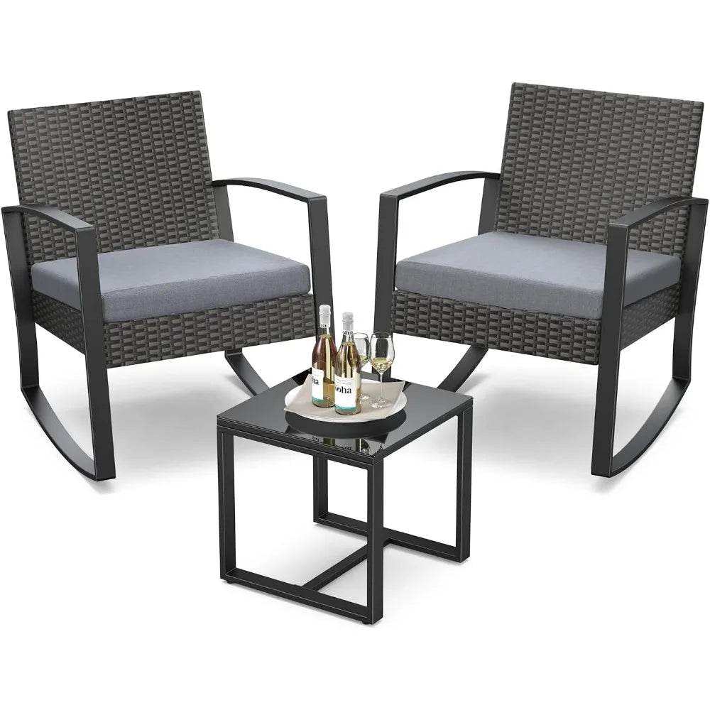 3 Pieces Patio Furniture Set Rocking Bistro Set Outdoor Rattan Conversation with Coffee Table for Garden Balcony Backyard