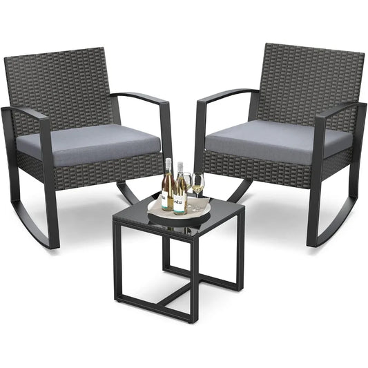 3 Pieces Patio Furniture Set Rocking Bistro Set Outdoor Rattan Conversation with Coffee Table for Garden Balcony Backyard