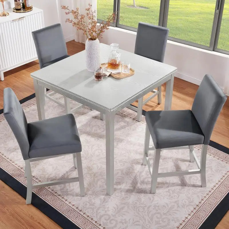 5-Piece Counter Height Dining Set, Wooden Table with Square Design and 4 Upholstered Chairs, Stylish Kitchen Furniture with