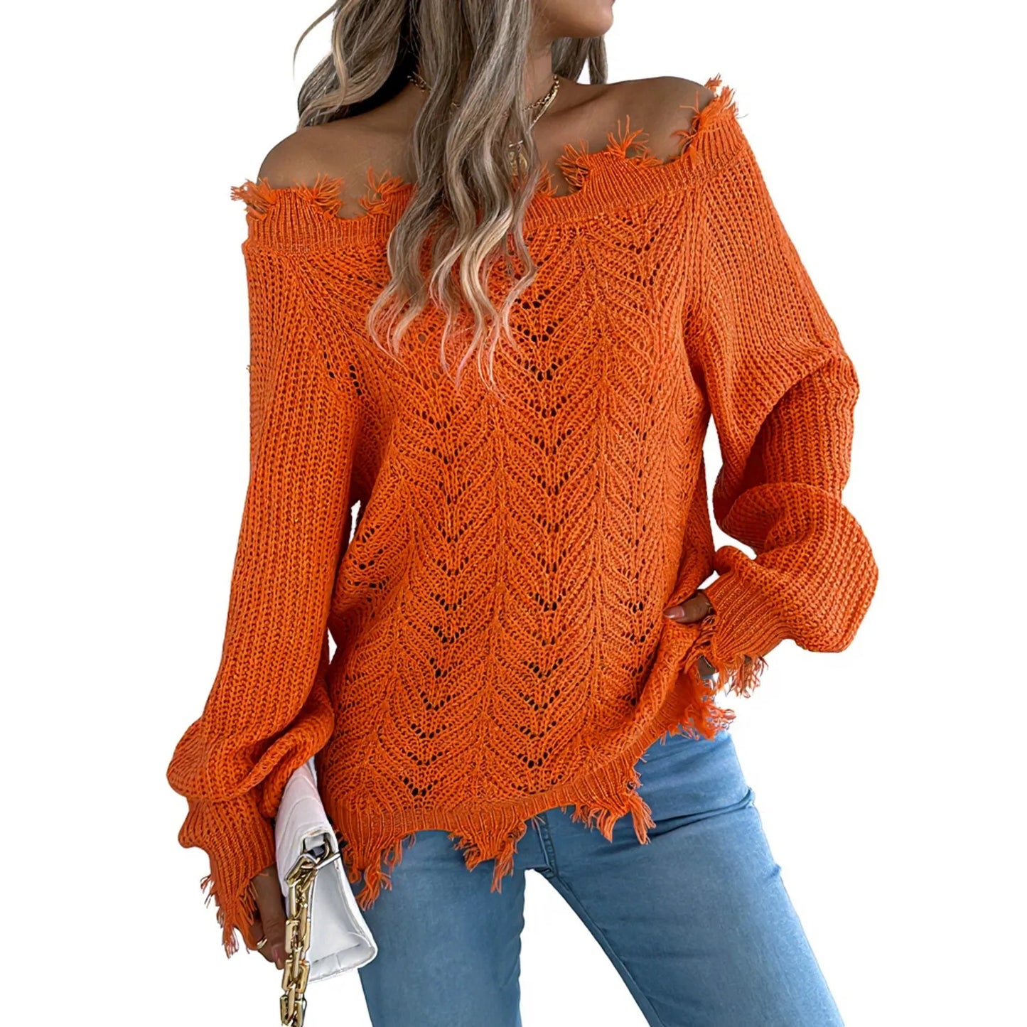 2025 New Women'S Fashion Solid Color Hollow Long Sleeve Cut Off Shoulder Pullover Sweater Ropa De Mujer Winter Clothes Woman