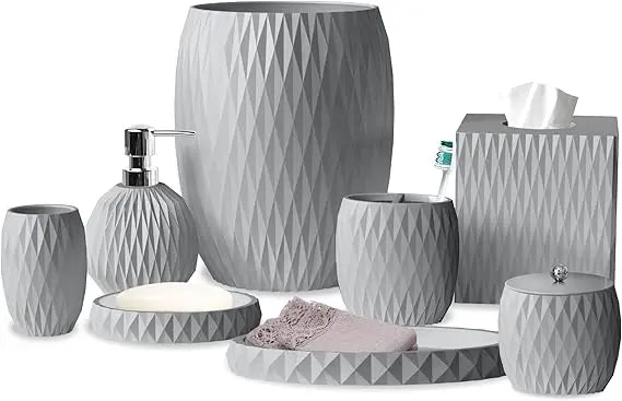 Luxury 8-Piece Grey Resin Bath Accessory Set for Vanity Countertops: Cotton Swab, Dish, Toothbrush Holder, Tumbler, Soap Pump