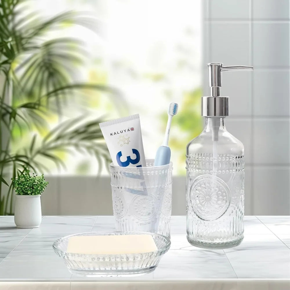3pcs glass bathroom accessories set, lotion & soap dispenser, toothbrush holder, soap dish, modern bathroom countertop decor fo
