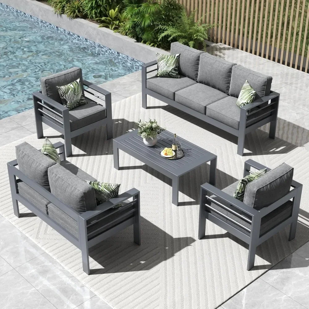 Modern 5 Pieces Aluminum Patio Furniture Set, Garden Furniture Sets, Conversation Sets Metal Sectional Sofa with Coffee Table