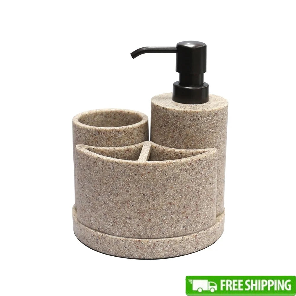 3 Piece Sandstone Bath Accessory Set Soap Pump Toothbrush Holder Tumbler Durable Resin Bathroom Organizer Essential Home Decor