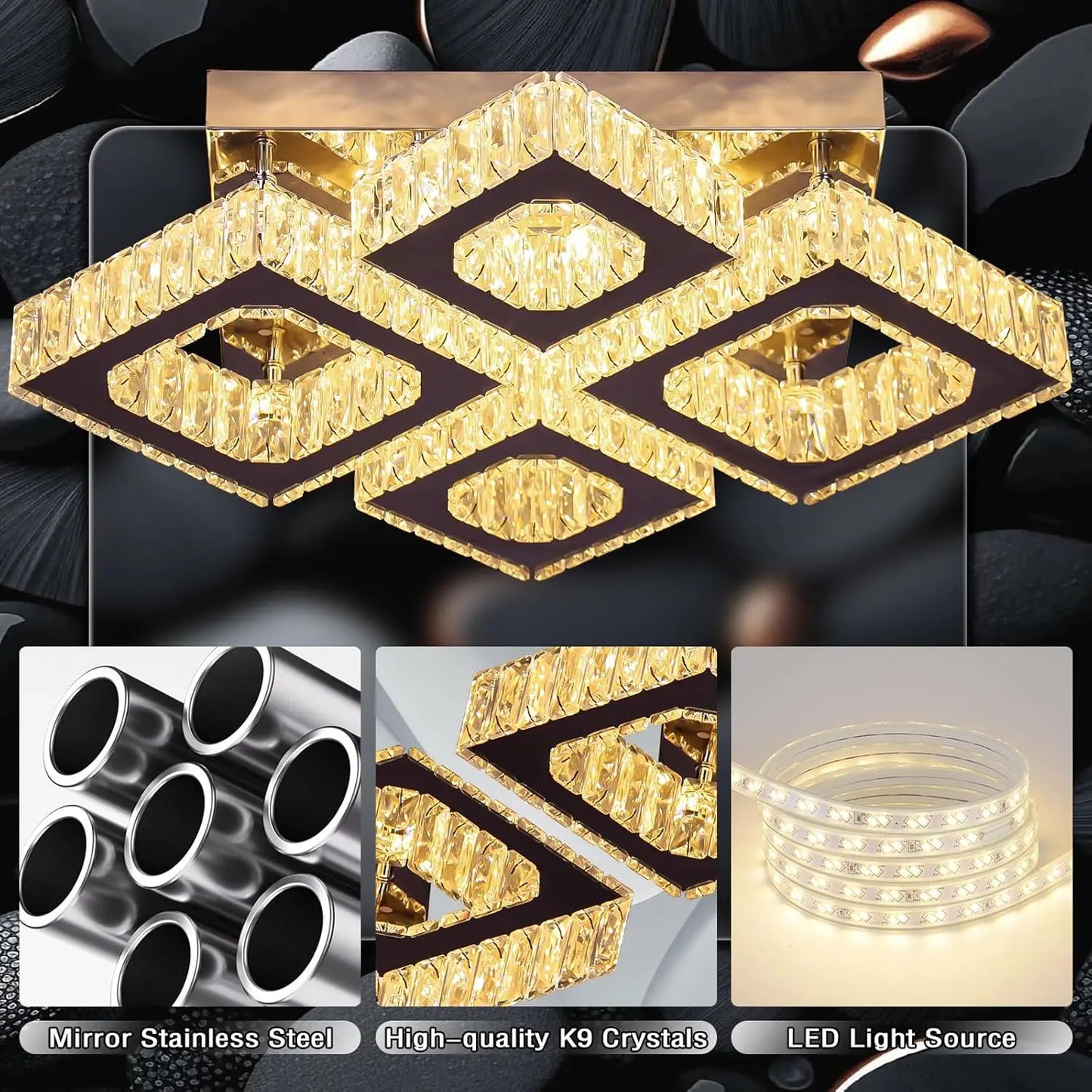 22" Crystal Chandelier Square Flush Mount Ceiling Light Modern LED 4 Lights Crystal Chandelier for Dining Room Bedroom Kitchen