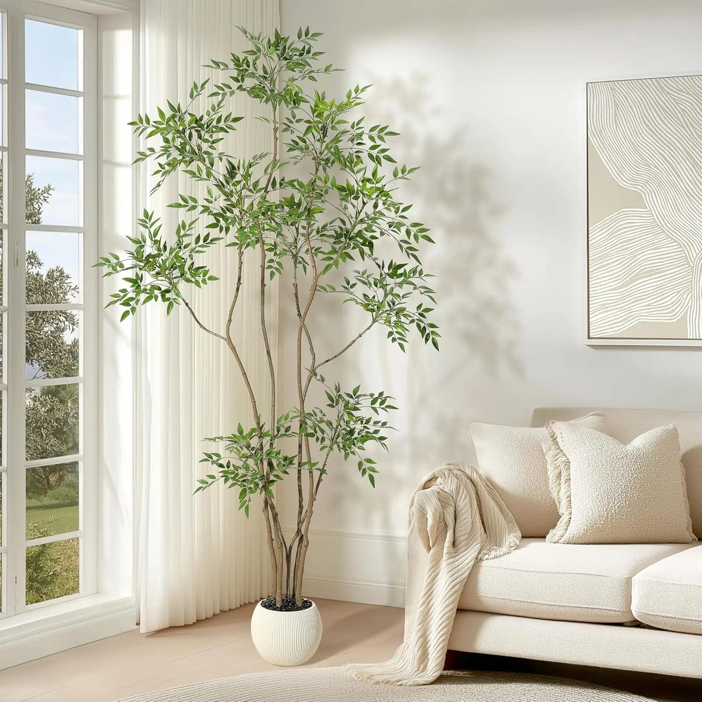 Artificial Trees Faux Plant In Pots with Lifelike Leaves, Large Fake Nandina Tree for Home Office Indoor Outdoor Balcony Decor