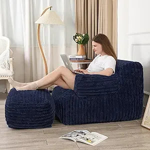 Bean Bag Sofa Chair with Ottoman, Comfy Floor Couch, Oversized Reading Chair for Bedroom, Dorm Room, Living Room, Darkgrey