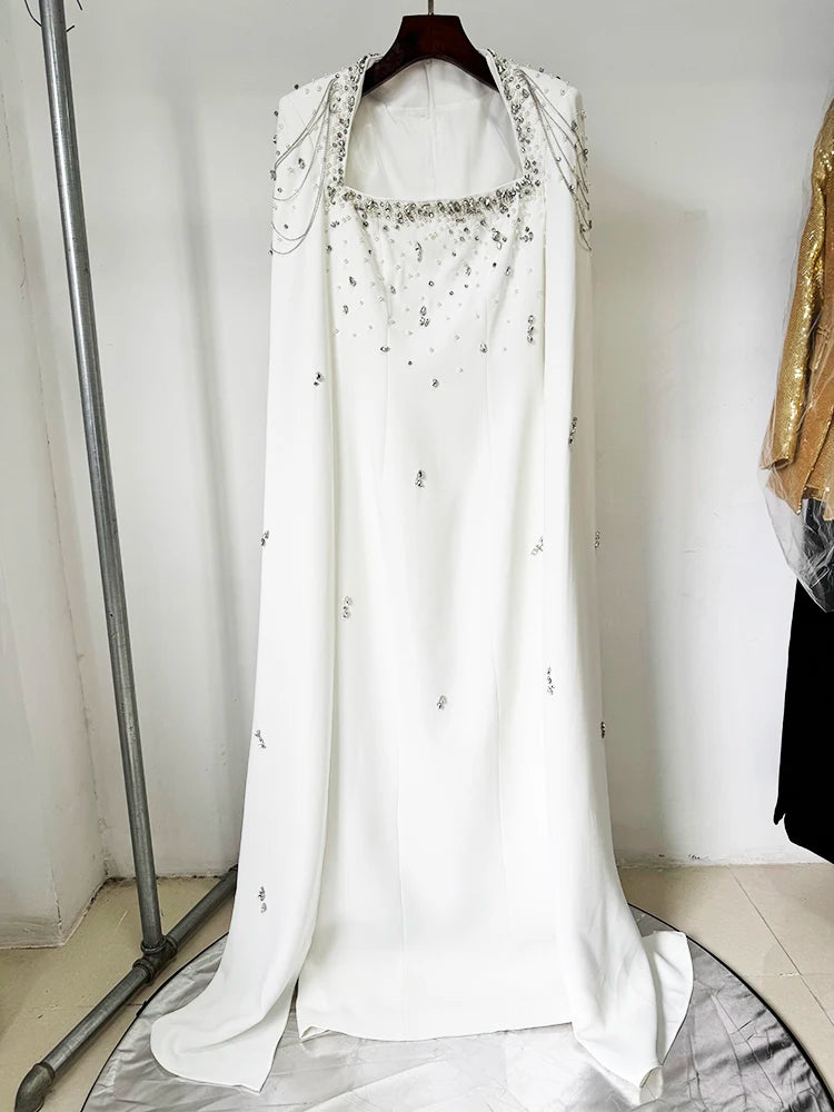 HIGH STREET Newest 2025 Designer Vestido Women's Diamonds Beaded Chains Cape Sleeve Floor Length Maxi Long Dress