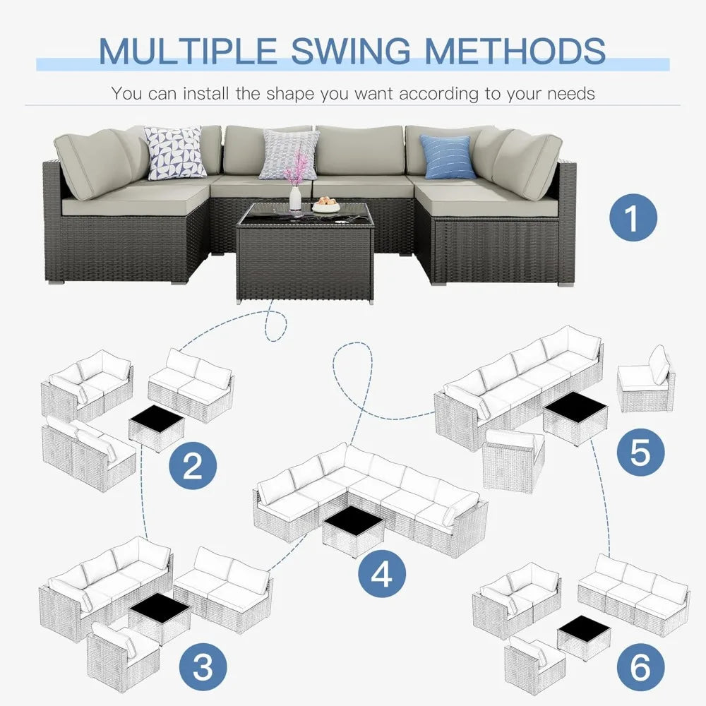 7 Pieces Patio Furniture Set - Outdoor Sectional Wicker Rattan Furniture with Cushion and Glass Table Patio Conversation Sets