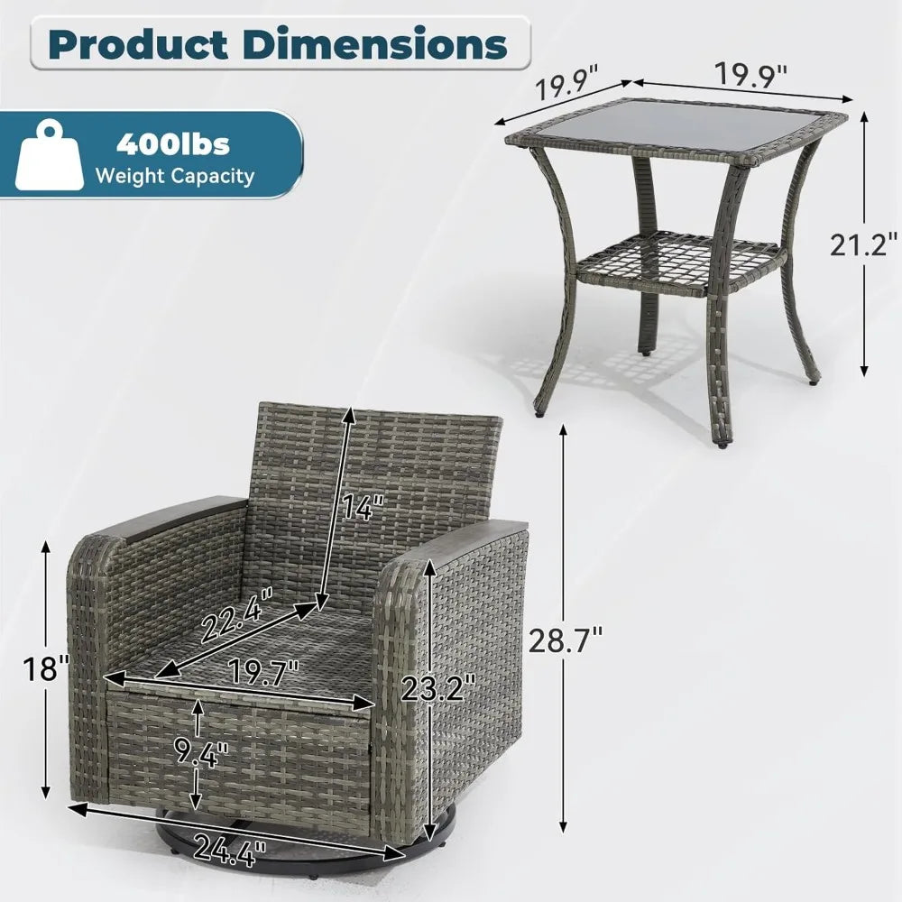 3 Piece Patio Set, Outdoor Swivel Chair, Wicker Patio Bistro Set with Side Table for Garden, Porch, Backyard