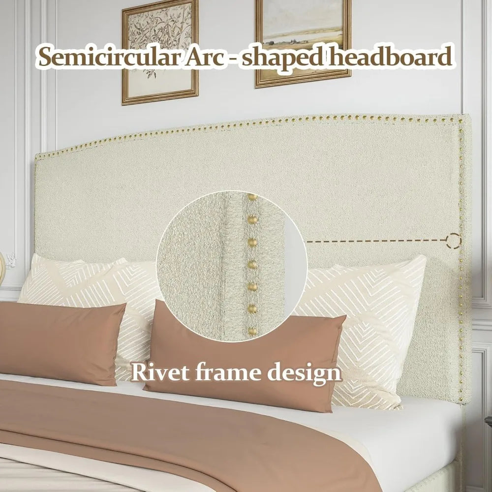 King Size Bed Frame with Upholstered Headboard, 56" Modern Platform Bed, Soft Boucle Fabric & Gold Nailhead Trim