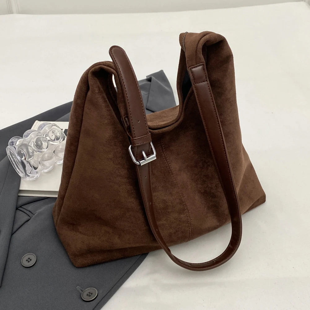 Women Suede Shoulder Bag Fashion Tote Bag Large Capacity Stylish Crossbody Bag Solid Color Casual Tote Purse Daily Commuting Bag