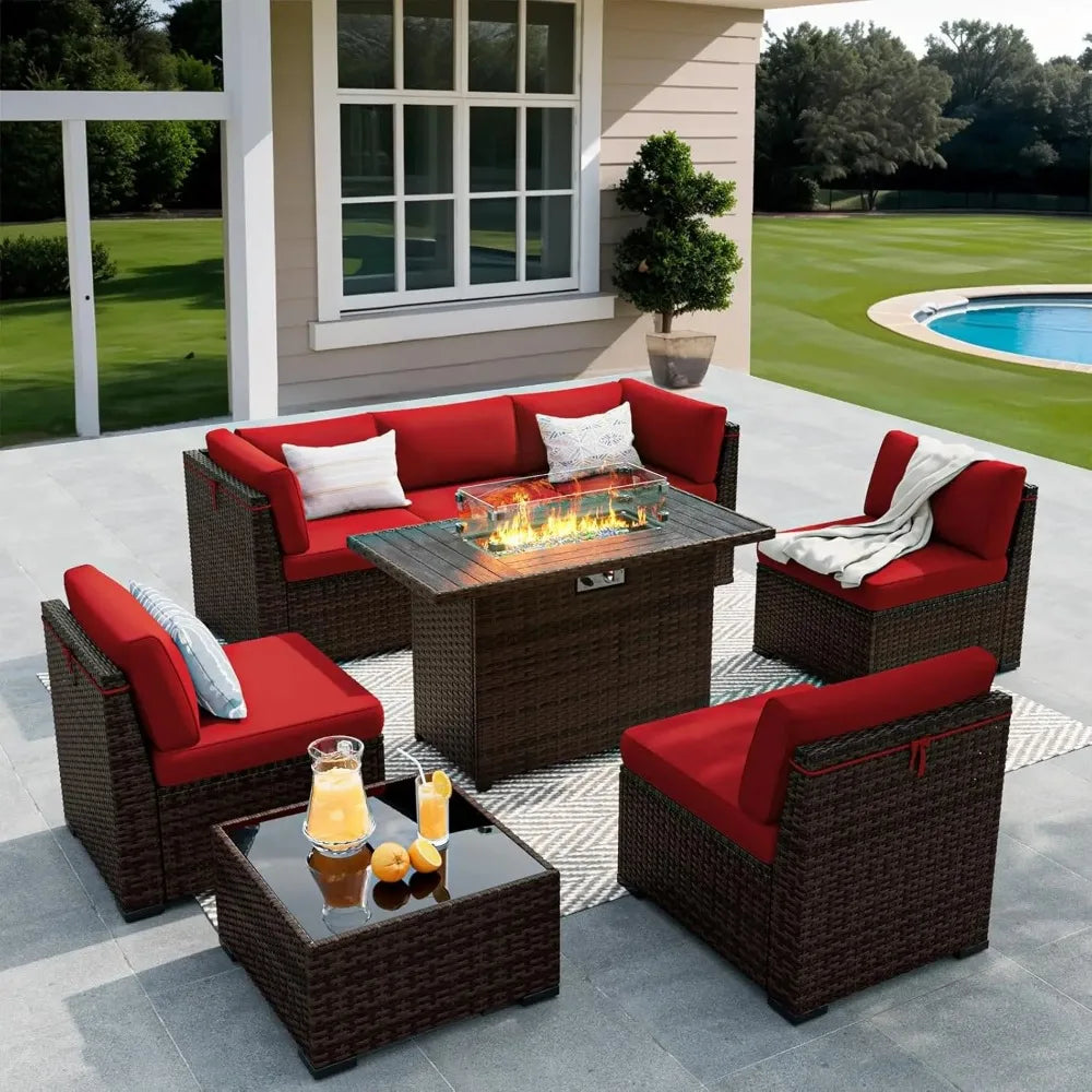 8 Pieces Outdoor Patio Furniture Set with 44" Fire Pit Table Rattan Sectional Conversation Sets w/Gas Fire Pit