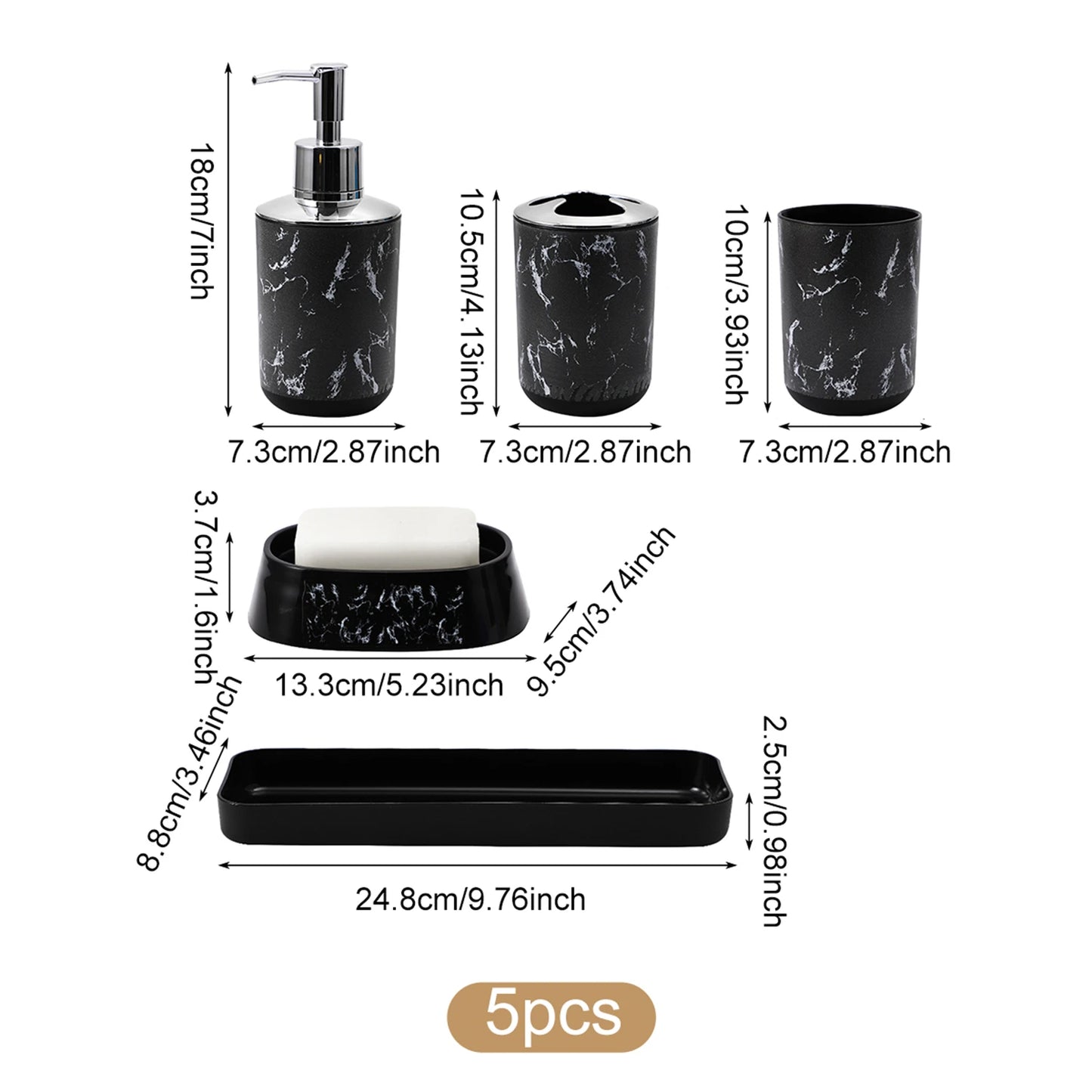 5-piece white/black marble bathroom set -  lotion bottle, toothbrush and toothpaste cup, mouthwash cup, soap dish, and box