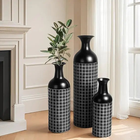 Tall Floor Vase Set of 3, Large Black Metal Vase with Minimalist White Lines & Detachable Vases Mouth, Big Modern Decorative Vas