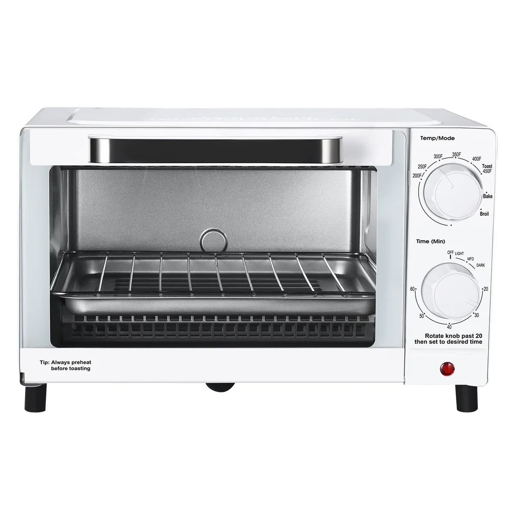 4 Slice Toaster Oven Countertop with 3 Settings Baking Rack Pan Compact Design Easy Clean 1050W Quartz Heating Perfect Toast